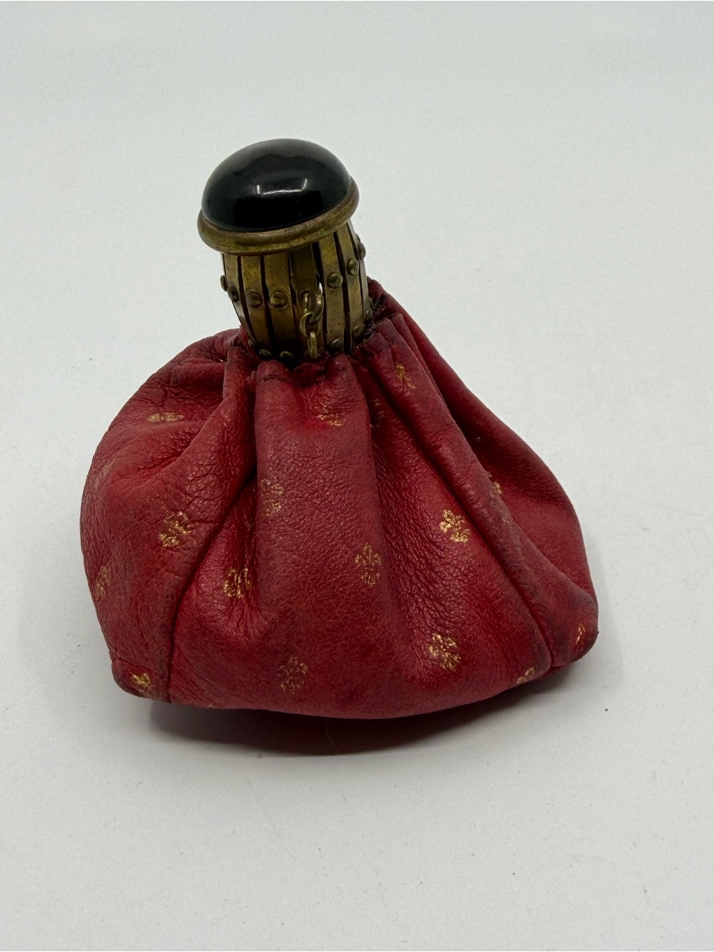 Antique Red Leather  Coin Purse with Brass and Black Stone Accent